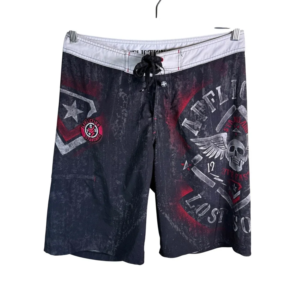 Affliction Board Shorts Mens 32 Black Graphic Skull Wings Y2K Grunge Streetwear